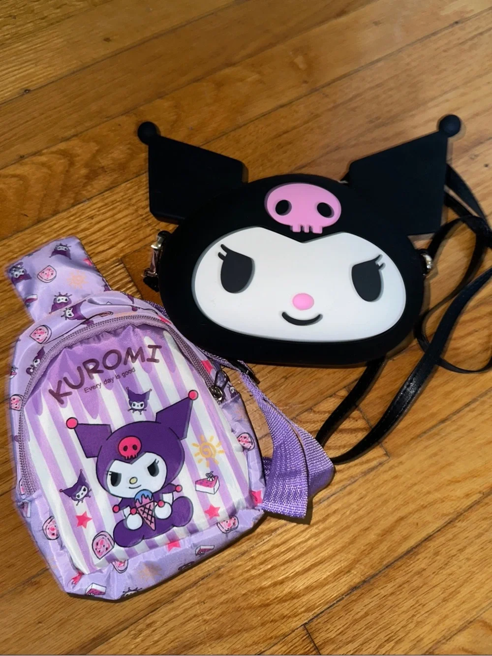 Kuromi Kids Purple Sling mini Backpack and Black silicone Kuromi Crossbody Purse